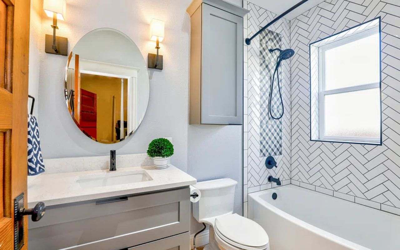 Geometric Pattern Tiles for Expanding Visual Space in Small Bathrooms.